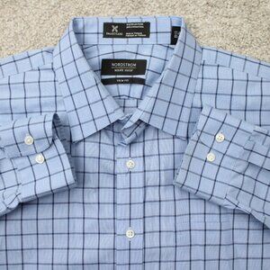 Nordstrom Shirt Mens 17, 34/35 Blue Smartcare Wrinkle-Free Cotton Trim Fit L/S